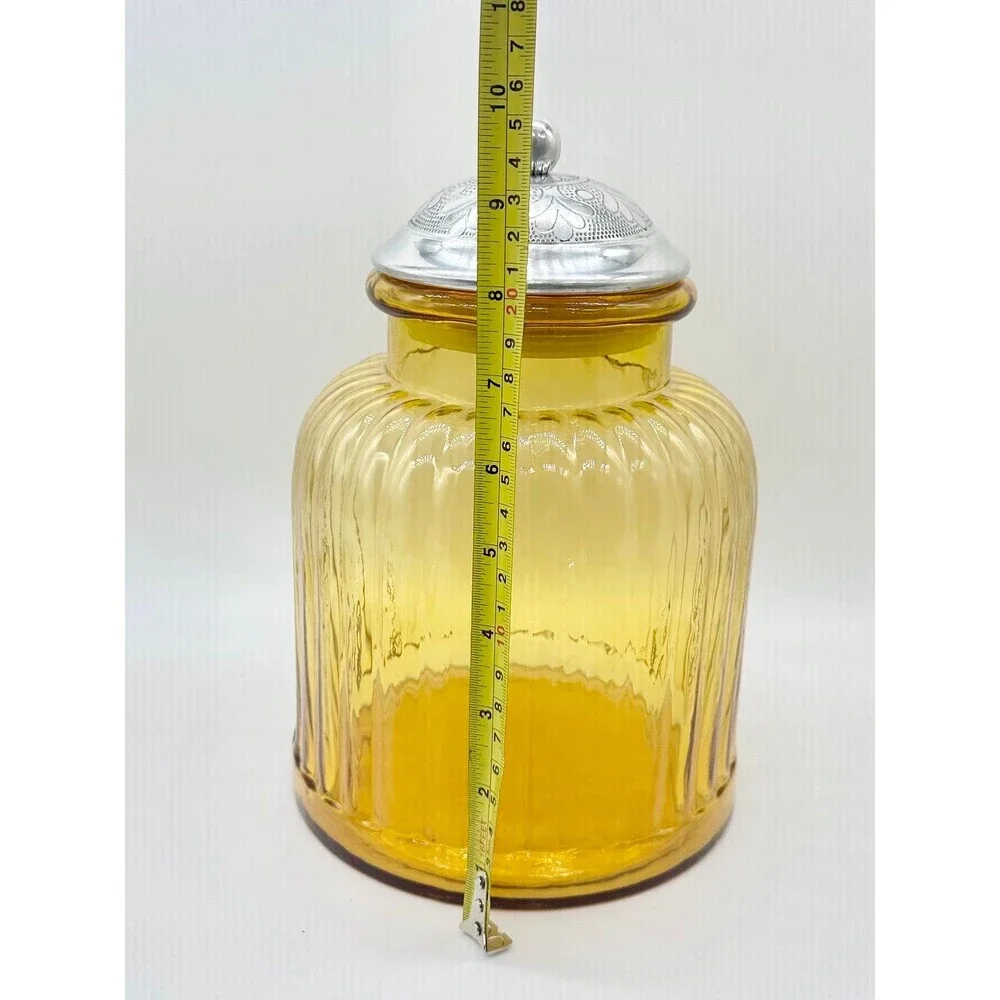 Vintage Amber Artland Apothecary ribbed glass Canister Jar Silver Lid